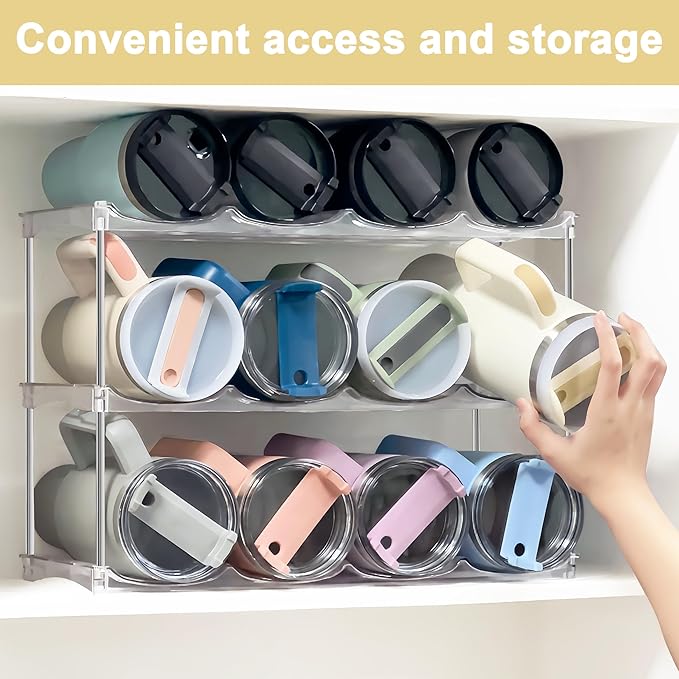 Stackable Water Bottle Organizer for Stanley 40oz Tumblers – Acrylic Water Bottle Holder for Cabinet, Pantry, Large Tumbler Organizer Storage Rack, Stanley Cup Storage, 2 Tier, Holds 8 Bottles