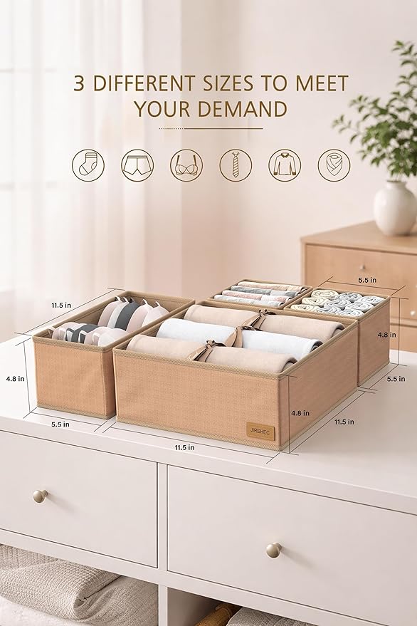 Drawer Organizer Clothes – Set of 6 Foldable Fabric Storage Bins for Dresser & Closet, Strong Structure, Fragrance Sachets Included, Organize Underwear, Socks, Baby Items, Cream