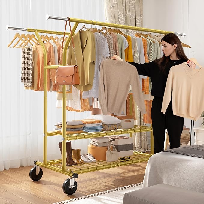 Raybee 74" W Clothes Rack Load 630 LBS, Clothing Racks for Hanging Clothes, Adjustable Heavy Duty Clothes Rack, Double Rods Metal Garment Rack for Bedroom Wardorbe Closet Living Room