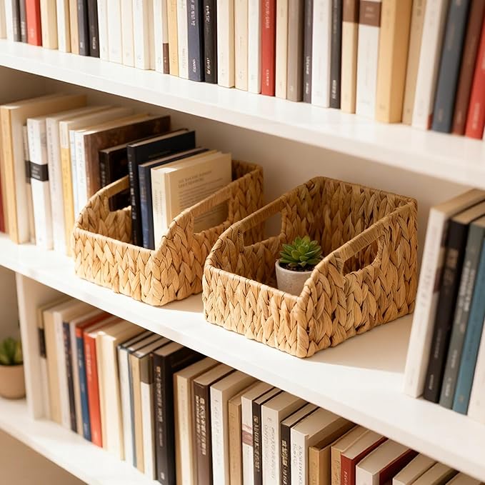 Pantry Organizers and Storage Baskets for Organizing with Handles, Large Wicker Storage Baskets for Shelves, Laundry-Water Hyacinth Storage Bins, Boho Decorative, 3Pack,Natural