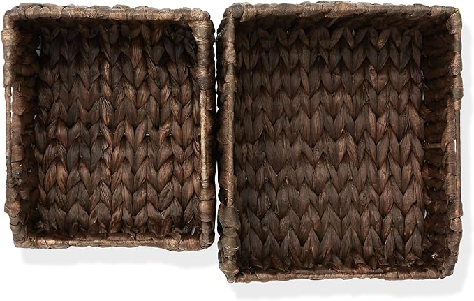 Casafield Set of 2 Water Hyacinth Pantry Baskets with Handles - Espresso, Woven Storage Bin Organizers for Kitchen Shelves, Medium and Large Sizes