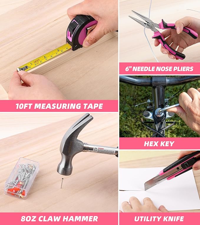 147 Piece Pink Power Drill Drivers Tool Set with 12V Cordless Drill, Professional Household Home Tools Kit Set, DIY Pink Electric Drill Cordless Hand Tool Box for Women