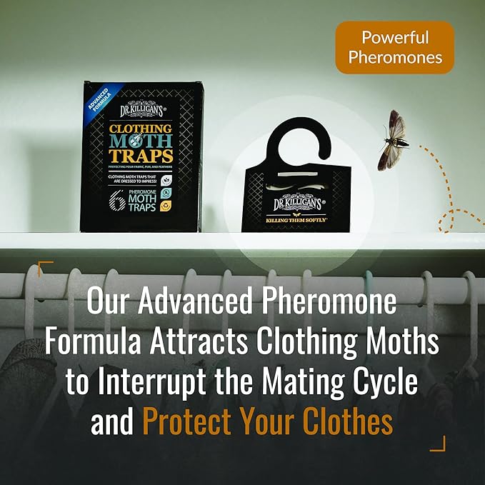 Dr. Killigan's Premium Clothing Moth Traps with Pheromones Prime | Non-Toxic Clothes Moth Trap with Lure for Closets & Carpet | Moth Treatment & Prevention | Case Making & Web Spinning (Black, 6 pack)