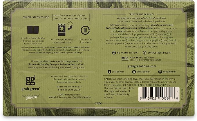 Grab Green Stoneworks Dryer Sheets, 80 Sheets, Olive Leaf Scent, Plant and Mineral Based, Softens Fabrics, Reduces Static-Cling and Wrinkles, Freshens Clothing