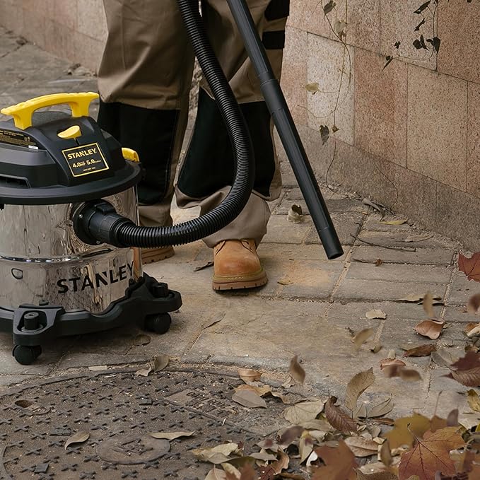 STANLEY Wet/Dry Vacuum SL18115, Stainless Steel Tank, 5 Gallon 4HP Shop Vacuum, Portable Style Ideal for Home/Shop/Jobsite Dust Collection Job with Vacuum Attachments, Silver+Yellow