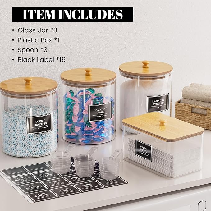 3+1 Pack Glass Laundry Pods Container & Acrylic Dryer Sheet Holder, Clear Laundry Room Organization Containers with Bamboo Lids & Labels, Powder Laundry Detergent Container for Scent Booster, Powder