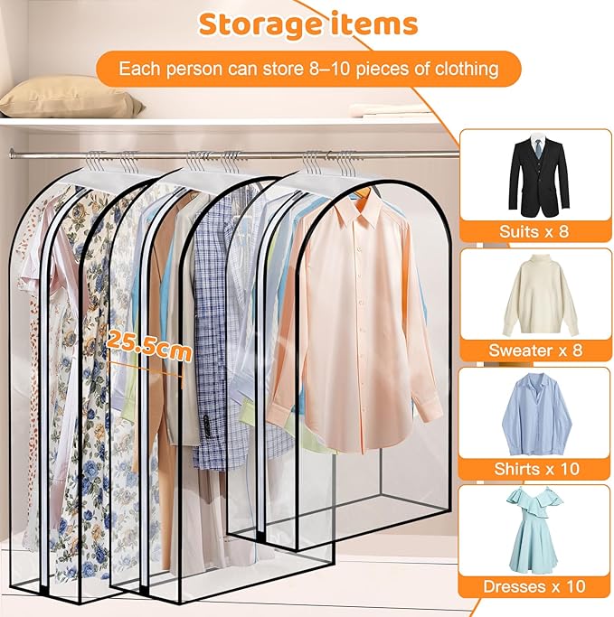 Dntorx 4 Pack Full Clear Garment Bags with Side Zipper, 40&60" Clothes Covers with 10" Gusset, Transparent Hanging Suit & Coat Covers for Closet Storage, Jackets, Dresses, Windbreakers