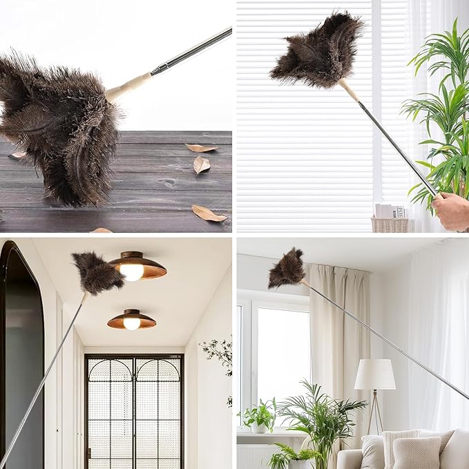 Extendable Ostrich Feather Duster 27-94 Inch, Natural Cleaning Duster Extension Pole Reusable for High Ceilings, Fans, Blinds, Furniture, Interior & Roof Dusting(Two Pack)