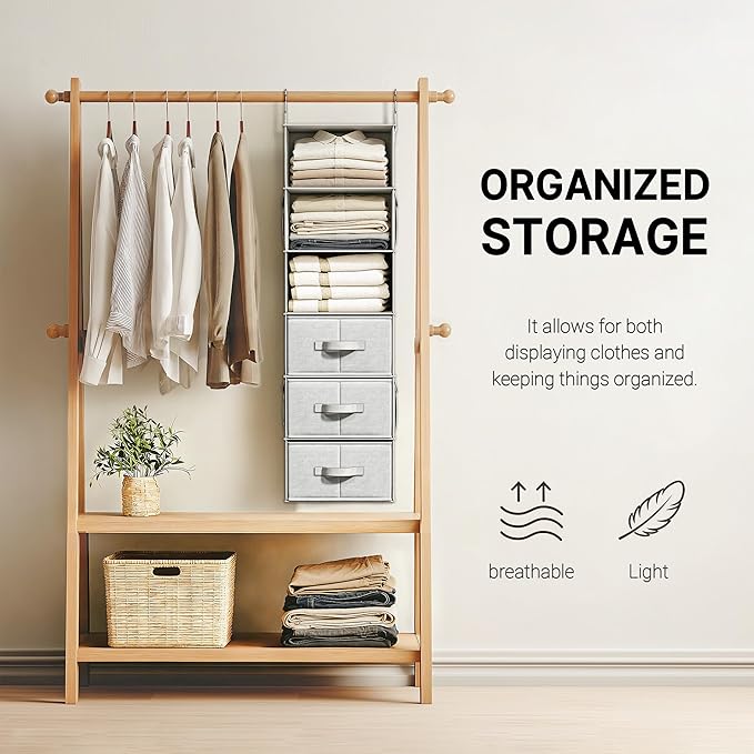 Vailando 6-Shelf Hanging Closet Organizer with 3 Drawers, Closet Hanging Shelves with Removable Fabric Drawers for Wardrobe, Nursery & Dorm Storage, Silver Gray