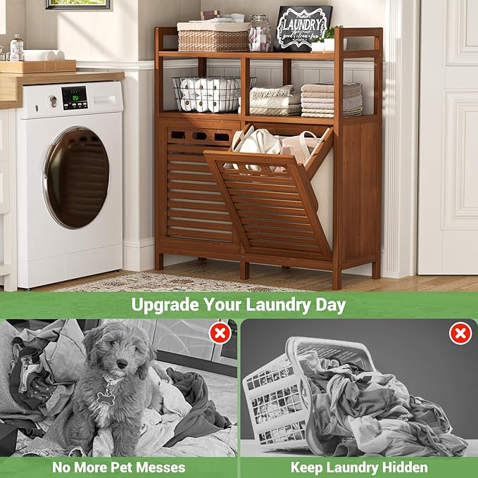 Homykic Tilt Out Laundry Hamper Cabinet, Bamboo Double Laundry Hamper with 2 Removable Laundry Baskets, 20 Gal Laundry Sorter Organizer with Shelf for Dirty Clothes, Bathroom, Laundry Room, Walnut