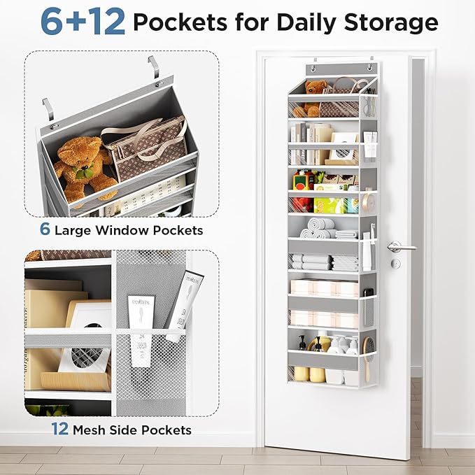 Mefirt Over The Door Organizer, 6 Shelf Door Hanging Organizers with 6 Large Capacity Pockets, Behind Door Storage Hanging Shelves for Closet Wall Bathroom Bedroom Nursery