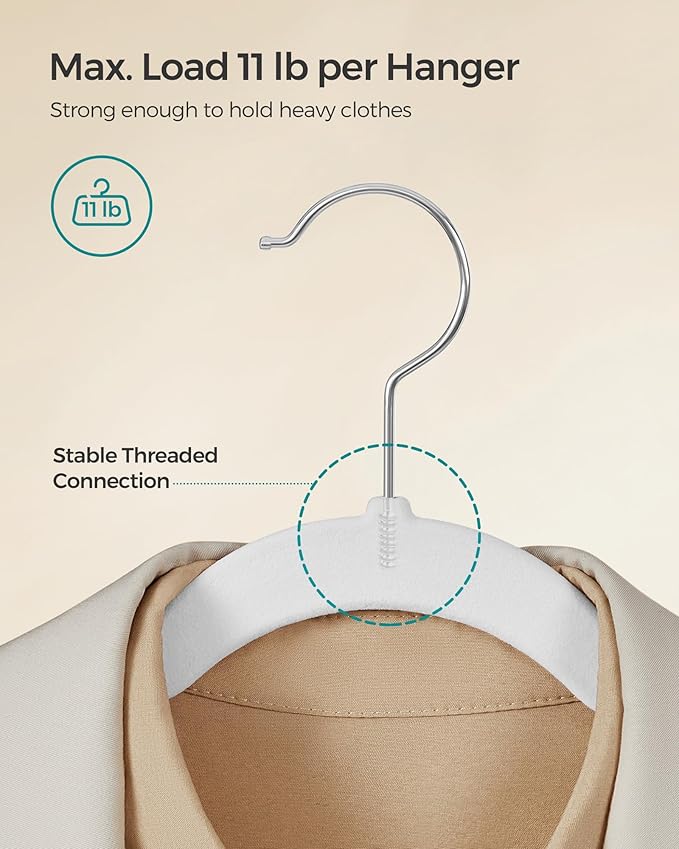 SONGMICS Velvet Hangers 50 Pack, Non-Slip Clothes Hangers with Shoulder Notches, Pants Bar, 360° Swivel Hook, Space-Saving, for Closet, Cloud White UCRF029W05