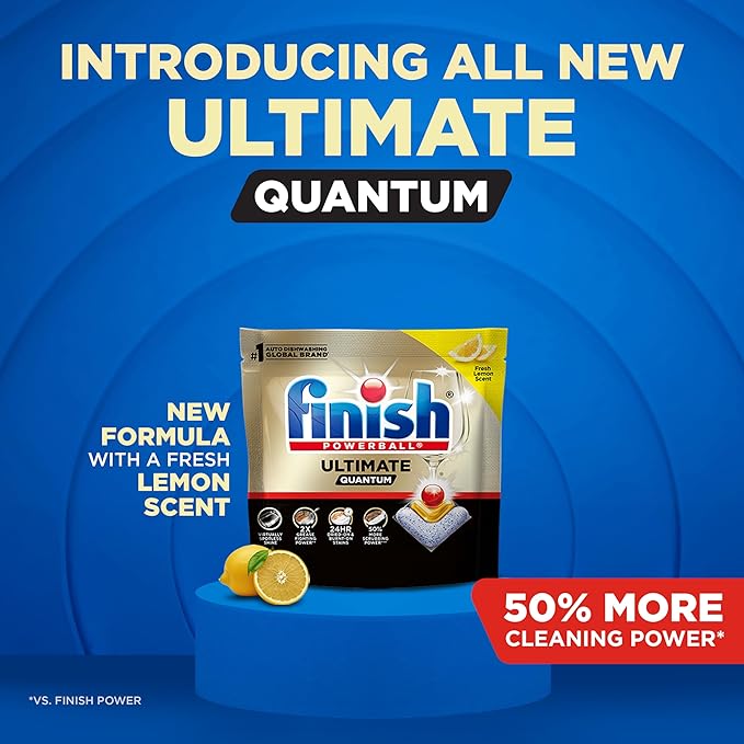 Finish Ultimate Quantum Dishwasher Pods, New & Improved Formula, Dishwasher Detergent Dish Soap, Removes Burnt-On & Dried-On Stain, Degreasing & Scrubbing Power, Lemon Scent, 21 Count