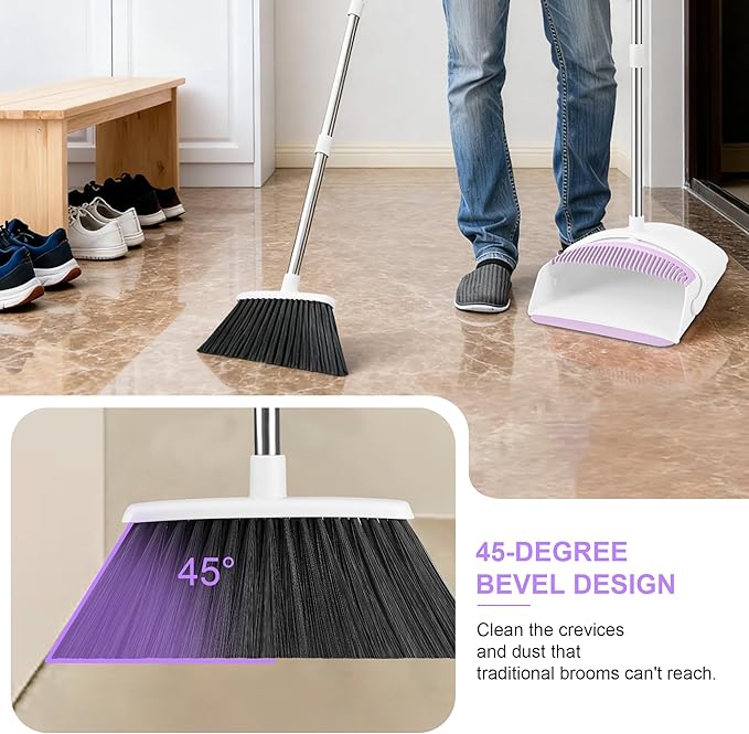 Broom with Dustpan Combo Set for Home 54-in Long Adjustable Handle Angle Broom and Dustpan Set with Dustpan Comb Teeth for Sweeping Pet Hair Food Dirt Kitchen