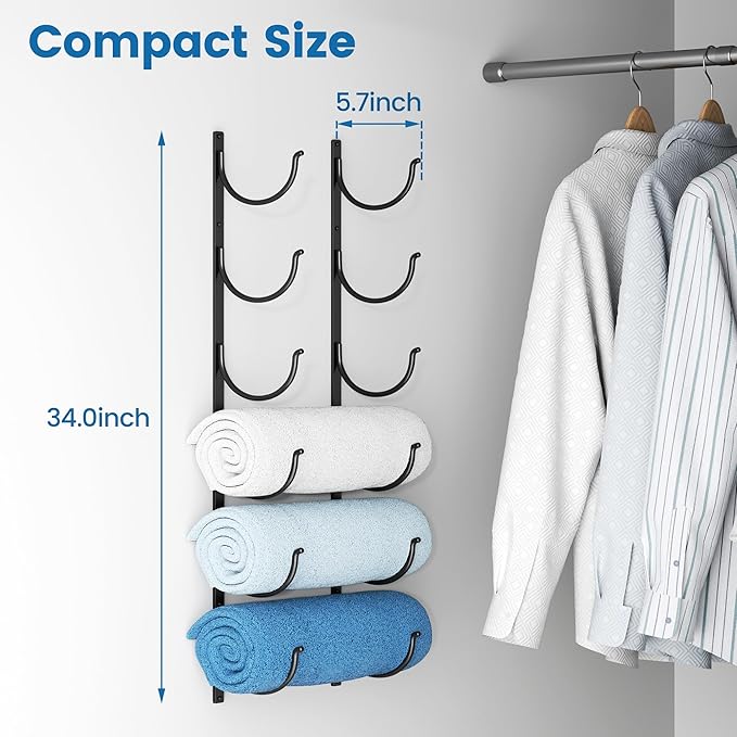Bathroom Rolled Towel Rack: 6-Tier Wall Mounted Towel Storage Holder, Hanging Organizer for Towels, Blankets, Large Bath Sheets, Space Saving in RV, Closet, Toilet, Cabinet, Black