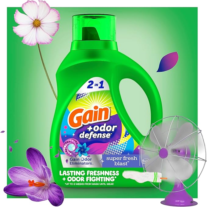 Gain Odor Defense Liquid Laundry Detergent, Super Fresh Blast Scent, 88 fl oz, 61 loads, 2 in 1, Laundry Detergent Liquid Soap, HE compatible