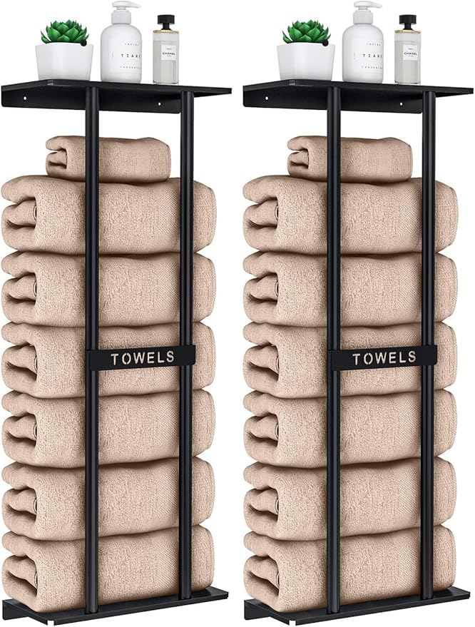 STWWO Towel Racks for Bathroom, Bathroom Towel Storage Wall Mounted 30 inch with Shelf Can Holds 6 Large Towels, Wall Towel Rack for Rolled Towels, Black (Pack of 2)