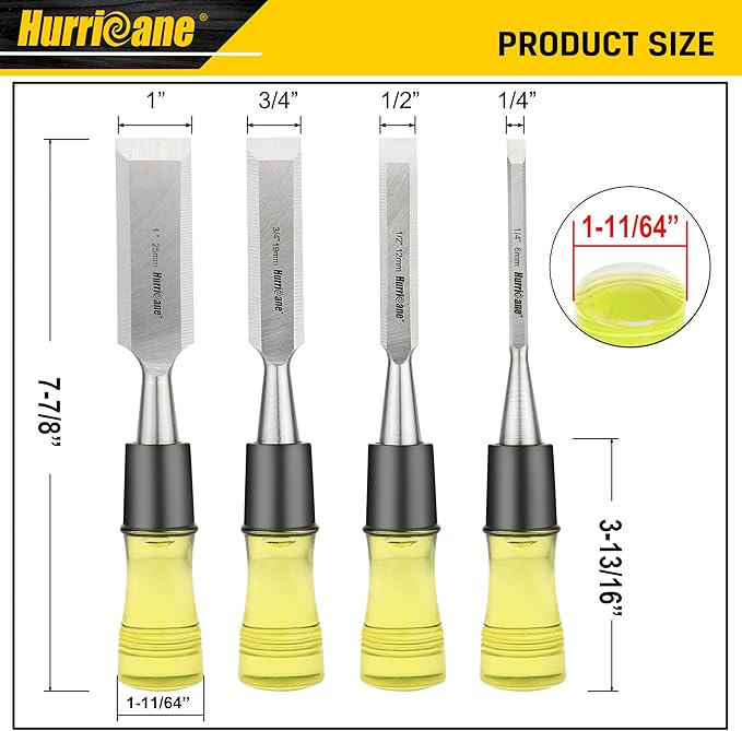 HURRICANE 4 Piece Wood Chisel Set for Woodworking. CR-V Steel Beveled Edge Blades with Safety Caps. Extra Large Grip, Impact-Resistant PVC Handle Chisels (1/4", 1/2", 3/4", 1")