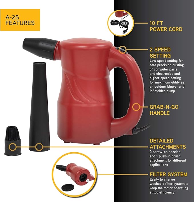 XPOWER A-2S Cyber Duster Electric Air Duster for Dusting, Drying, Inflating, Blowing, Car Detailing, Computer, Leaf Blowing, 90 CFM, 2 Nozzles + 1 Brush, High Performance Motor, Eco-Friendly, Red