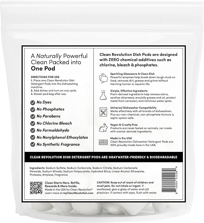 Clean Revolution All Natural Dishwasher Detergent Pods, 60 Pods, Enzyme Powered, No Chemical Additives, No Residue - SUN LEMON - Made in USA