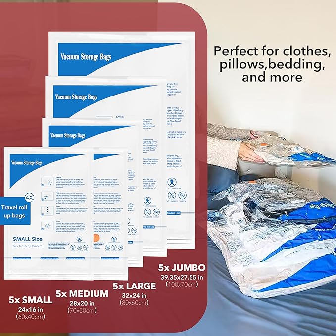 Vacuum Seal Bags for Clothing Travel & Home Storage, travel vacuum bags with pump, Store Blankets, Comforters, Pillows, Seasonal Clothes Compactly,24 Pack With Electric Pump