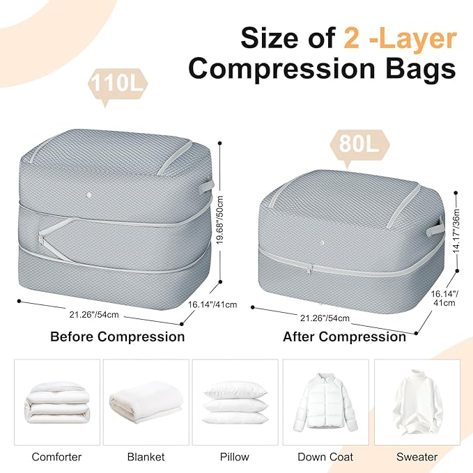 Comforter Storage Bag - 110L Large Capacity Blanket Storage Bags 2-Layer Ultra Space Saving Self Compression Organizer, Washable Compression Bags for Storage Comforter Blanket, 4-Pack, Grey