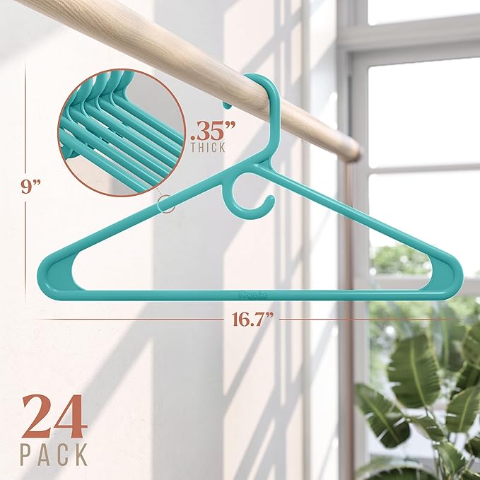 NEATERIZE Thick Heavy Duty Hangers - Aqua Plastic Clothes Hangers 24 Pack - Great for Coat Hanger, Jackets Jeans & Suit Hanger for Closet - New Apartment Essentials Percheros Ganchos para Colgar Ropa