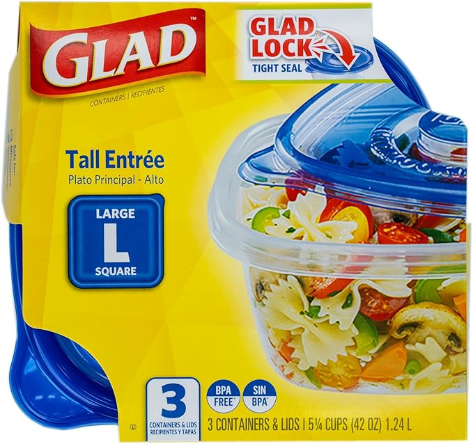 Glad GladWare Tall Entree Food Storage Containers with Lids, Large Square BPA Free Plastic for Meal Prep and Lunches, Lock Tight Seal, Microwave and Dishwasher Safe, 42 Oz, 3 Count