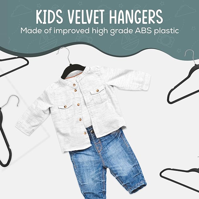 TechZoo 50 Premium Kids Velvet Hangers - 14" Non-Slip Clothes Hangers for Kids & Preteens - Ultra Slim, Space-Saving, Strong & Durable Hangers with 360° Swivel Hook - Black