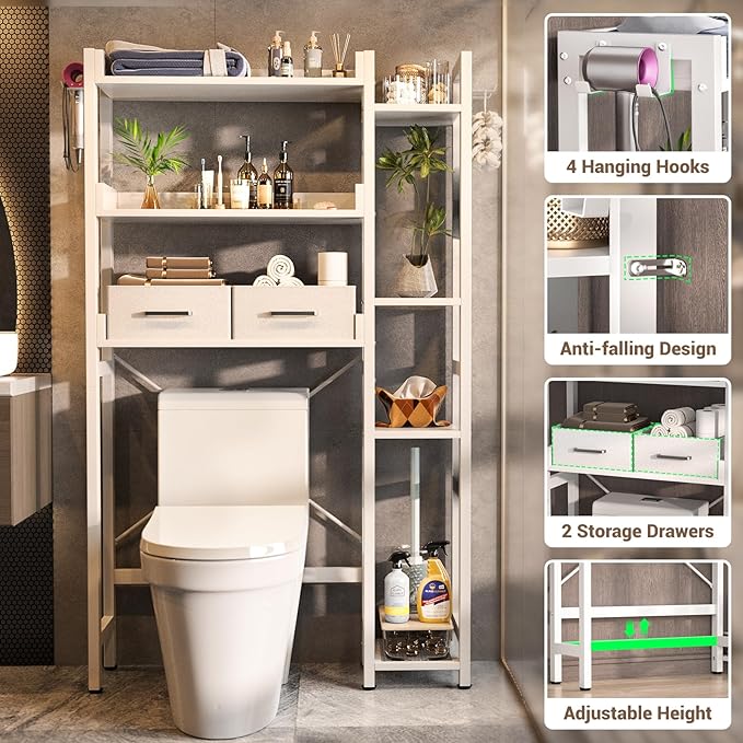 Besiost Over The Toilet Storage with 2 Drawers - 7 Tier Bathroom Organizer with Adjustable Shelf, Freestanding Space Saver Storage Rack Above Toilet Stand with 4 Hooks for Restroom, Laundry, White