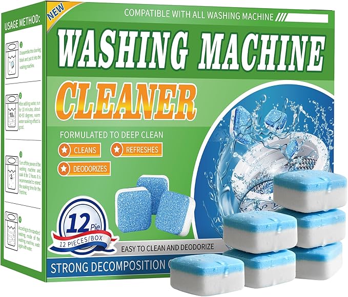 Washing Machine Cleaner Tablets 12 Pack - Deep Cleaning Tablets for HE Front & Top Load Washers, Septic Safe, Eco-Friendly, Removes Residue & Odors
