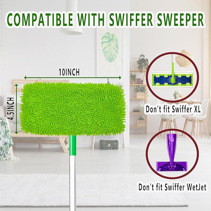 Reusable Microfiber Mop Pads Washable Wet Pads Compatible with Swiffer Sweeper Refills Pads for Wet & Dry Sweeping Cloths Mop Head Replacement for Household Cleaning (Green 4PCS)