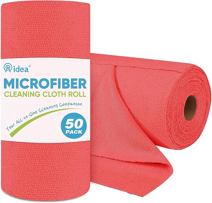 AIDEA Microfiber Cleaning Cloth Roll, 50PK Red, Reusable Paper Towels Tear Away Cloth, Microfiber Towels Washable Shop Rags, Lint Free Cleaning Rags for House, Kitchen, Window, 11.5"×11.5"