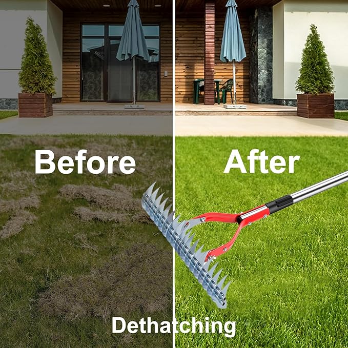 Thatch Rake, 15-Inch Wide dethatcher rake for Cleaning Dead Grass, Adjustable Dead Grass rake for Yard Lawn,thatch rakes for lawns with Stainless Steel Handle, Yard dethatcher rakes, 70-Inch Length.