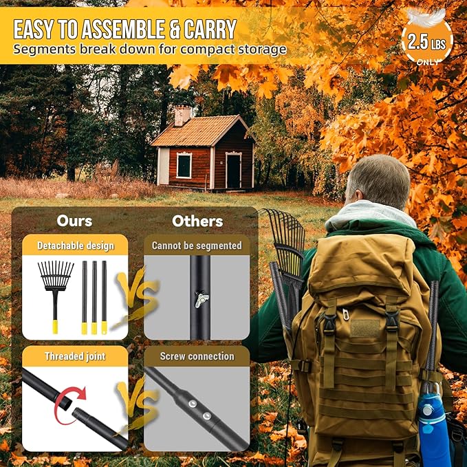 Leaf Rake, Small Rake for Leaves with 30"-75" Adjustable Long Handle, 11 Tines 8.5" Wide, Metal Rakes Heavy Duty for Lawns, Gardening, Yard, Camping, Shrub, Grass, Bush, Weed, Debris