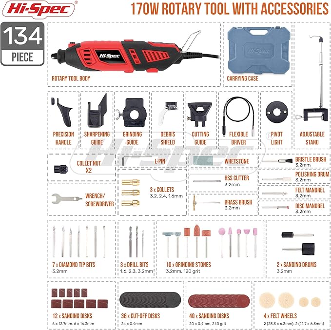 Hi-Spec Corded Power Rotary Tool Kit with Dremel Compatible Bits. Variable Speed Electric Metal Grinder Drill for Cutting, Trimming, Grinding, Engraving and Sanding