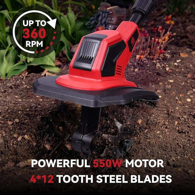 Cordless Tiller Cultivator, 360RPM Electric Garden Tiller with 2×3.0AH Batteries & 1.5A Fast Charger, Battery Powered Garden Cultivator, 9.5In Tilling Width & 6.7In Depth Garden Rototiller