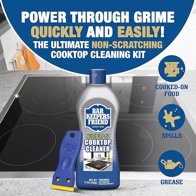 Bar Keepers Friend Cooktop Cleaner (2 x13 oz) + Scraper - Multipurpose Liquid Stovetop Cleanser, Safe for Use on Glass & Ceramic Cooking Surfaces, Copper, Brass, Chrome, Stainless Steel & Porcelain