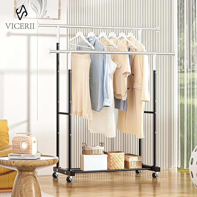 VICERII Double Clothing Rack, 130LB Capacity Heavy Duty Garment Rack with Wheels and Bottom Shelf, 55.51 Inch Long Rolling Clothes Racks for Hanging Clothes, Black
