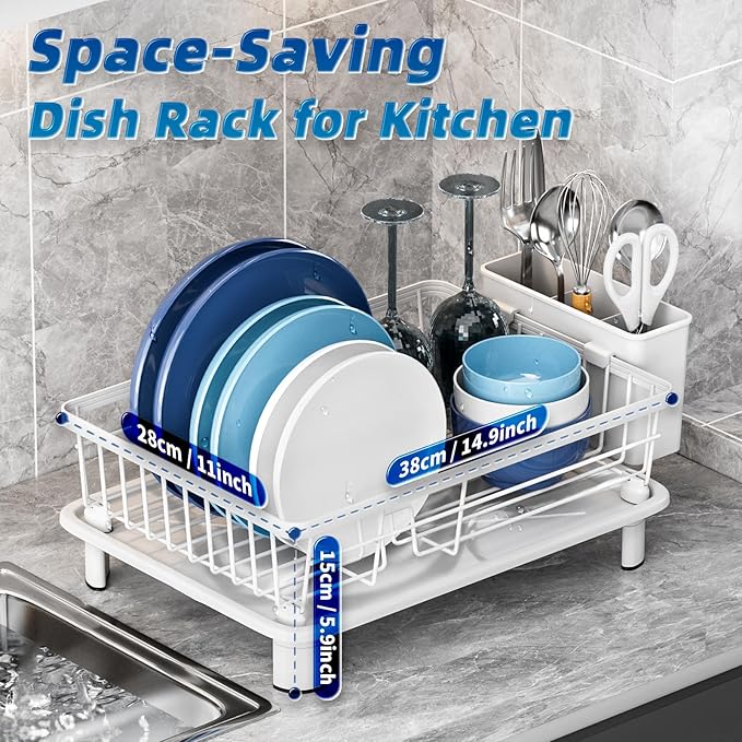 Dish Drying Rack, Stainless Steel-Dish Rack, Dish Racks for Kitchen Counter, Kitchen Dish Drainers with Removable Utensil Holder,New drain outlet,Plate Rack and Drainboard,(White-11" W x 15" L)