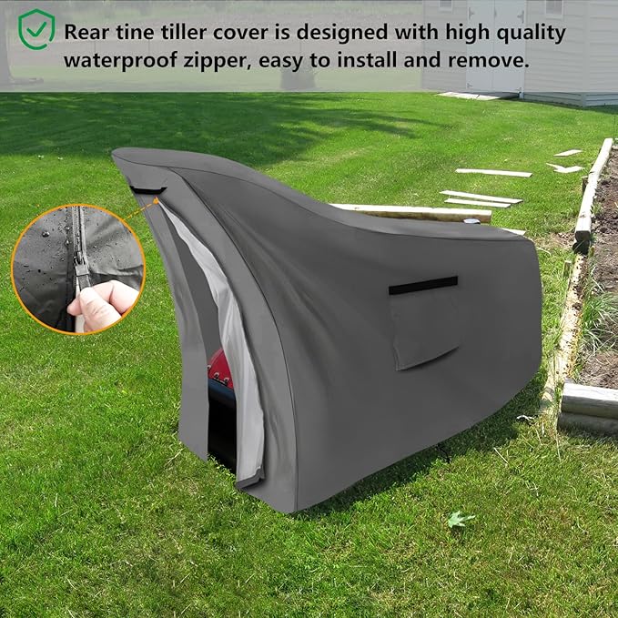 Okcool Gas Rototiller Cover,Waterproof Heavy Duty 600D Rear Tine Tiller Cover, Universal Tiller Cover with Air Vent (Grey)