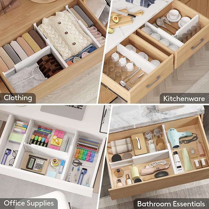 Lifewit 12 Pack 6" High Drawer Dividers 34-56cm/13.5-22" Adjustable Drawer Organizer for Clothes/Utensils, Expandable Drawer Separator in Dresser/Kitchen/Bedroom/Office Organization & Storage White