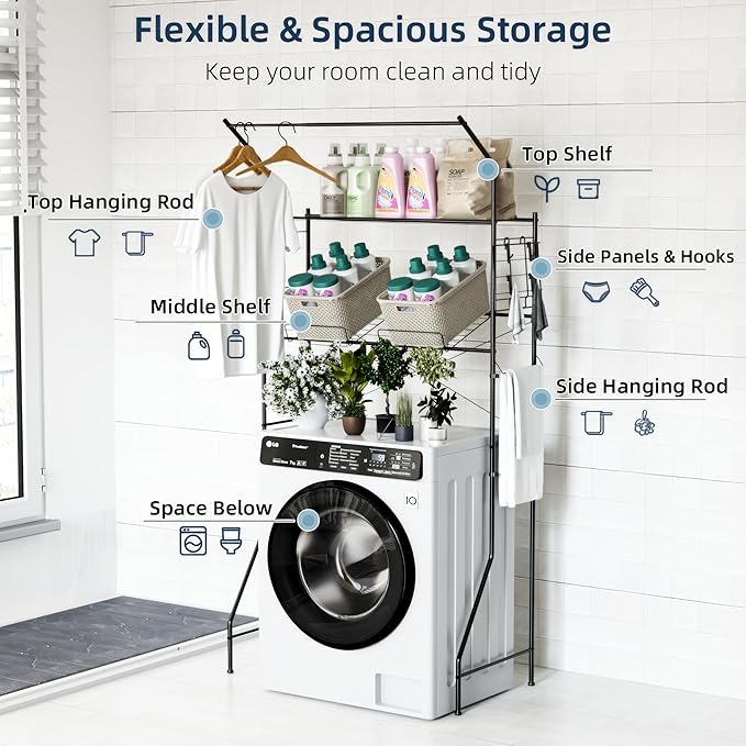 Laundry Room Storage Shelf, 2 Tier Metal Over Washer and Dryer Shelves, Washing Machine Shelf with Hanger Rods & Hooks, Expandable Bathroom Space Saver Shelf, 26–36.8" L x 18.3" W x 73.8" H, Black