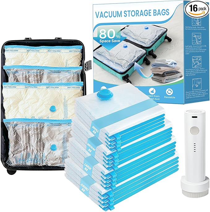 ANBIUX Vacuum Bags for Travel with Rechargeable air Pump, 16 Pack Carry-on Size Compression Packing Bags for Luggage and Suitcase, Space Saver for Clothes and Clothing Travel 16 PACK+PUMP