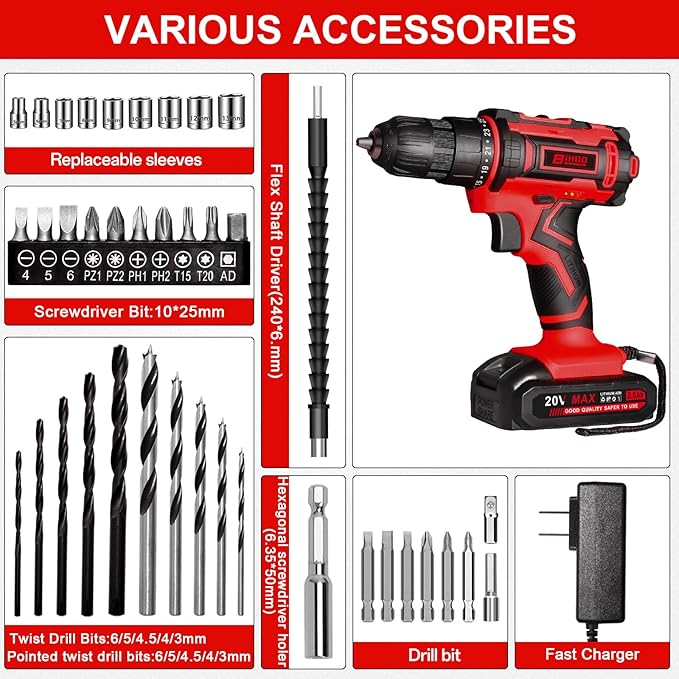 Cordless Drill Set,20V Drill Driver with Battery and Charger,3/8-Inch Keyless Chuck, Variable Speed,with Drills Bits Set,Red