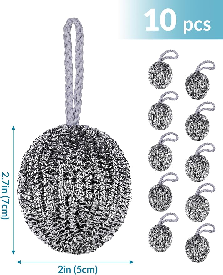 NiHome 10-Pack Steel Wool Scrubbers for Kitchen Cleaning, Stainless Steel Scourers with Hanging String, Reusable Rust-Resistant Scrubbers for Pots, Pans, Grill Racks, Sinks, Cast Iron