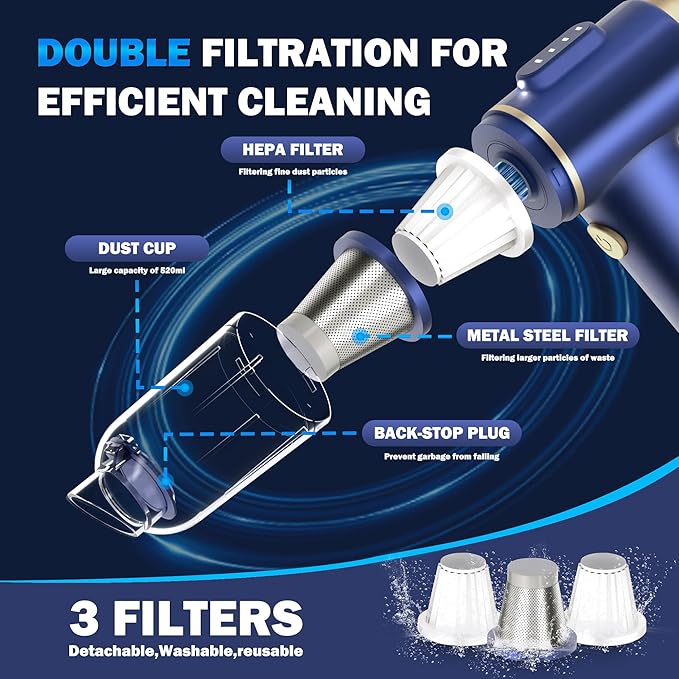 Handheld Car Vacuum Cleaner, 2-in-1 Portable Mini Car Vacuum Cleaner,16000Pa High Power & Air Duster, Handheld Vacuum Cordless with LED Light and Multi-Nozzles for Car,Home,Office(black blue)