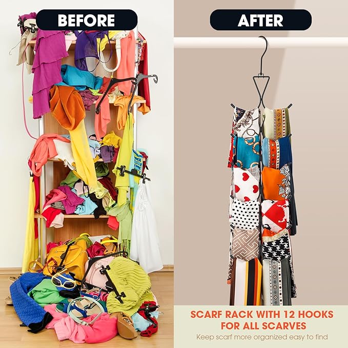 Scarf Hanger 12 Storages,Purse Hanger with 360 Swivel Hook,Scarf Organizer Scarf Hangers for Closet,for Scarves, Shawl,Belt,Purse & Baseball Cap