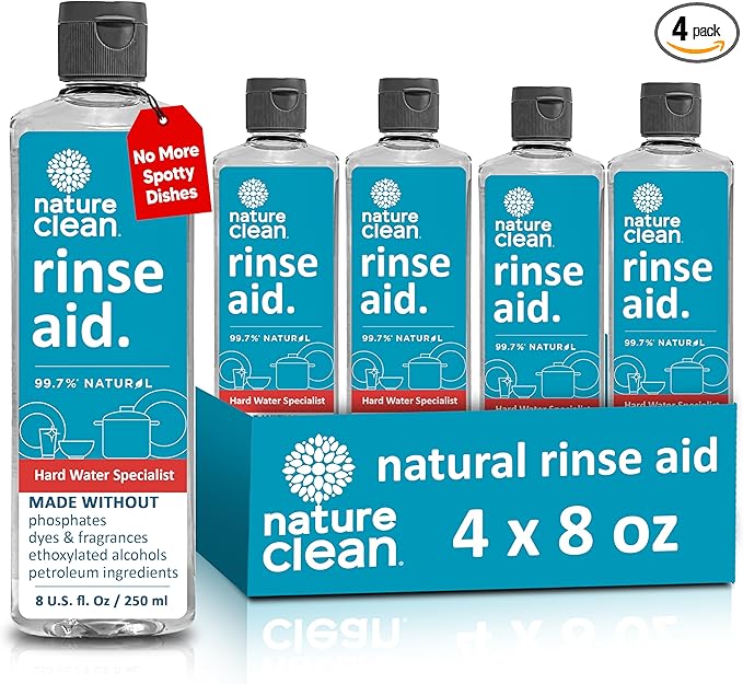 Nature Clean Dishwasher Rinse Aid Liquid, Non Toxic Natural Formula, Spot Free Shine for Glasses & Dishes, Hard Water Stain Remover, Dishwasher Drying Agent, 8 oz/250 ml Pack of 4