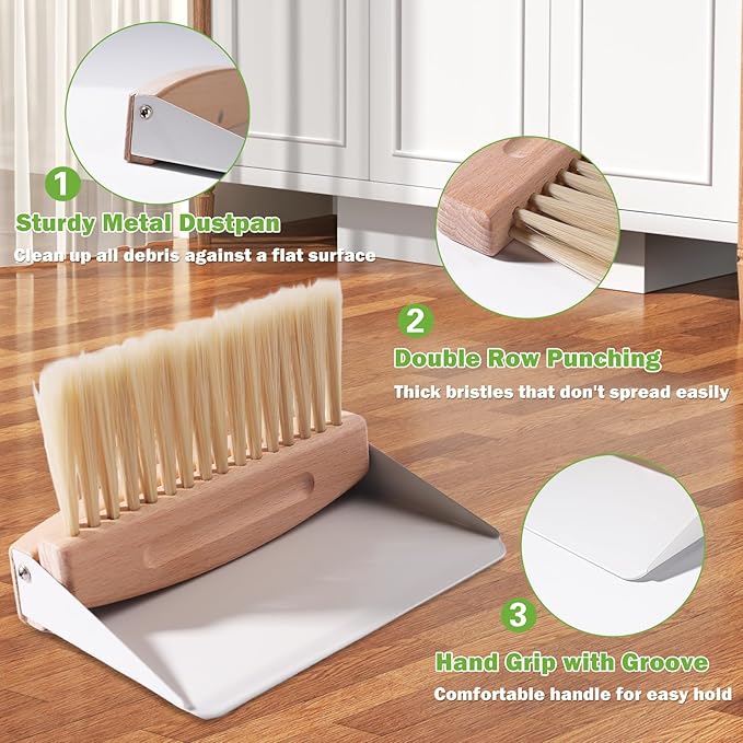 Small Dustpan and Brush Set with Wood Handle,Portable Hand Broom and Metal Dustpan Set, Wooden Mini Brush with Dustpan Set for Home Kitchen Office Desktop,Pet Dog Hair,Camping